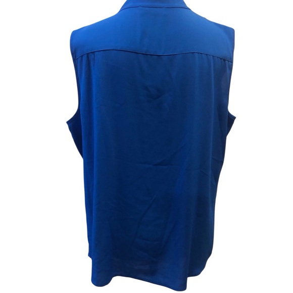 Calvin Klein XL Royal Blue Ruffle Blouse Black Trim Button Up Sleeveless - Picture 2 of 4